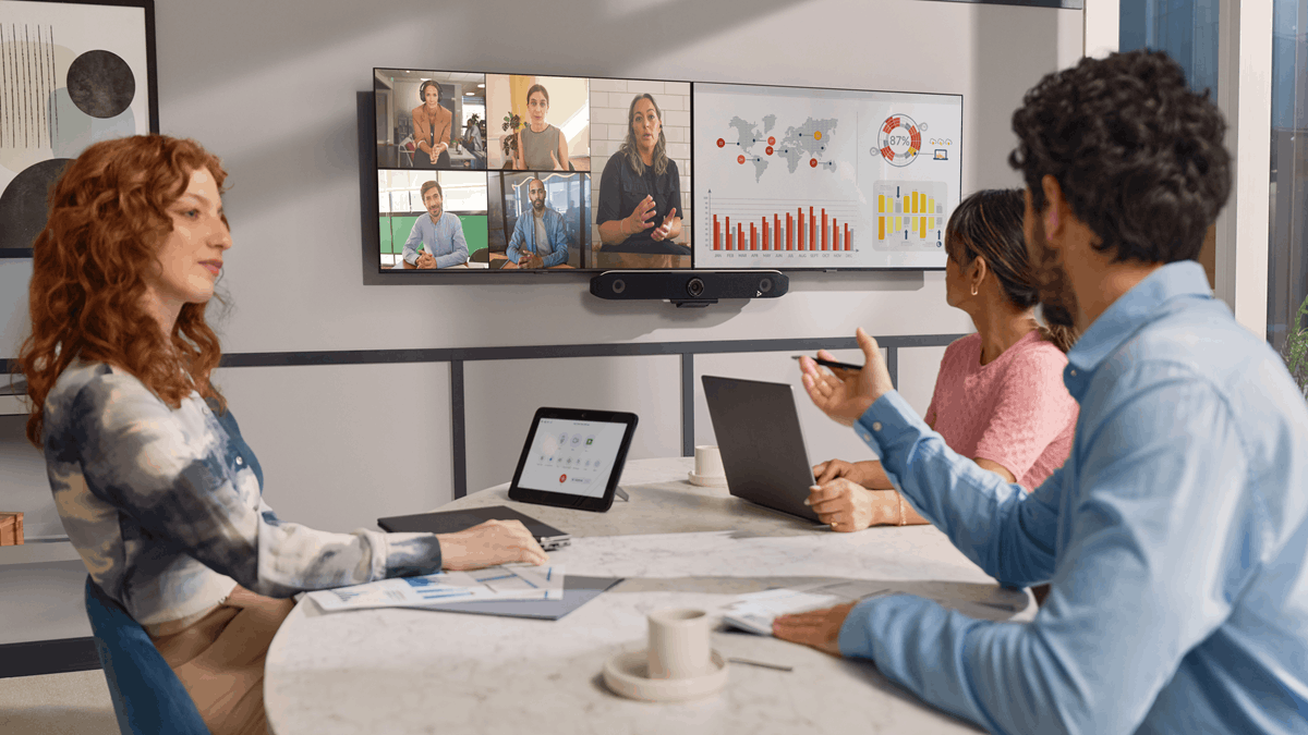 HP Poly Studio video conferencing system supporting hybrid meetings with multi-participant video and meeting room controls