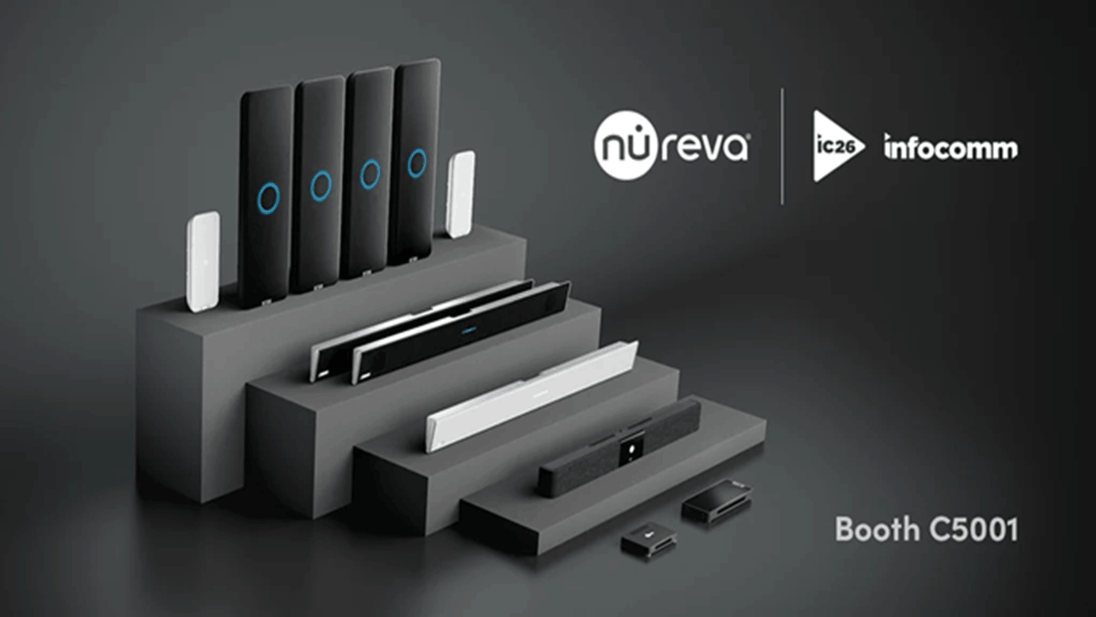 Nureva collaboration audio systems displayed on tiered platforms alongside InfoComm 2026 branding and Booth C5001 details