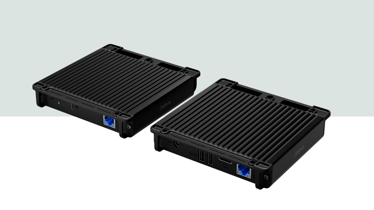 Two Jabra Reach units showing ports for connecting laptops and meeting room equipment