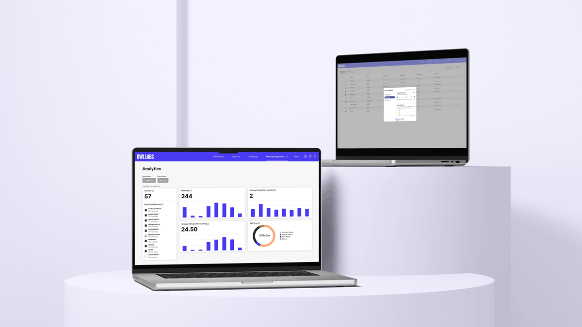 Owl 360 Services analytics dashboard and device management interface displayed across two laptops