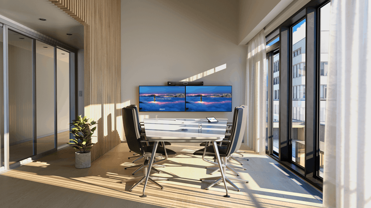 Modern conference room equipped with Zoom Rooms technology, dual displays, and integrated collaboration hardware for hybrid meetings