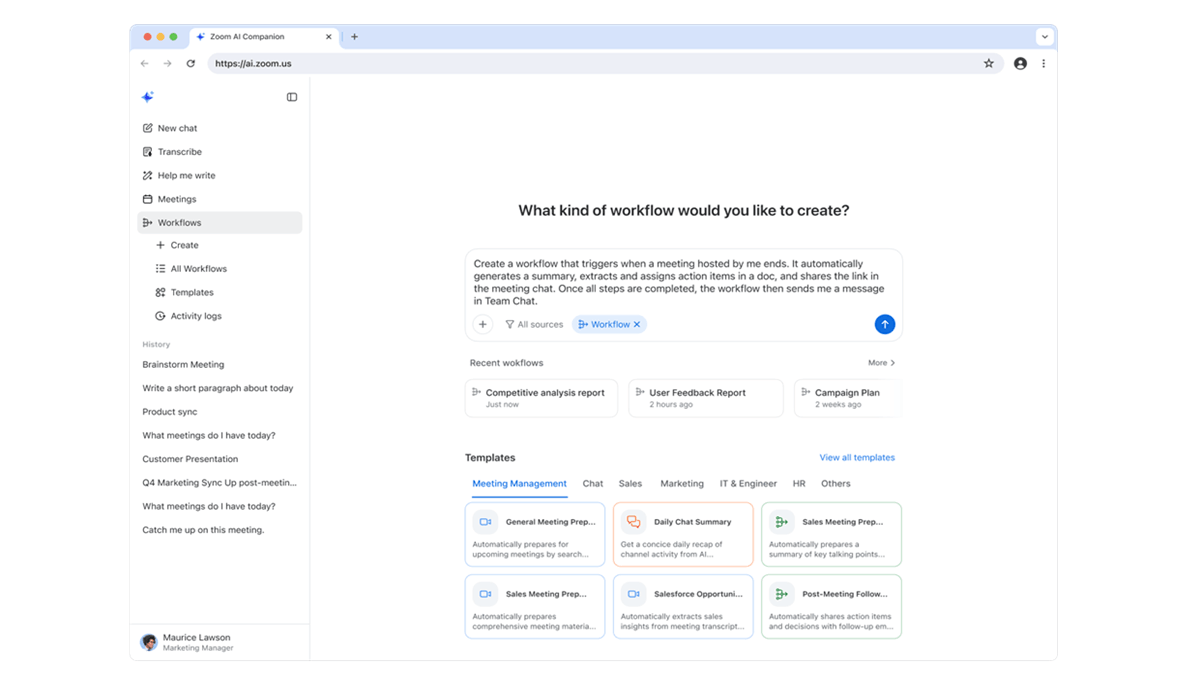 Zoom AI Companion interface showing workflow creation using natural language and meeting-based automation templates