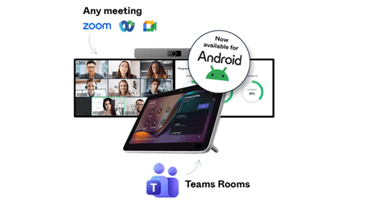 Graphics showing Pexip Connect enabling Microsoft Teams Rooms on Android to join Zoom, Webex, and Google Meet meetings with a Teams Rooms console and conference room display