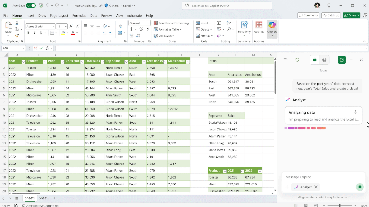 Microsoft Excel sheet featuring Copilot Chat’s Researcher and Analyst agent
