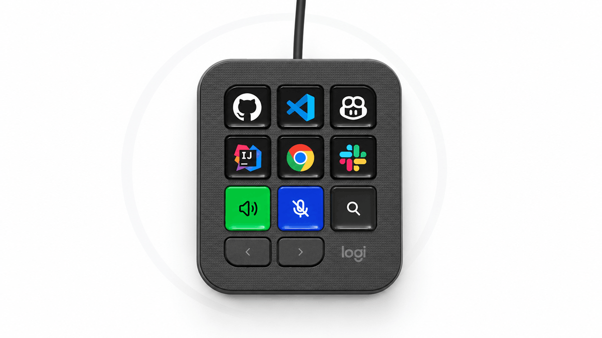 Logitech MX Keypad featuring customizable controls for coding tools, applications, audio, and search