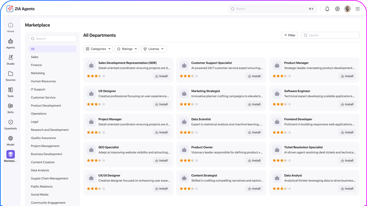 Zia Agents interface featuring the different ready-to-deploy AI-powered agents