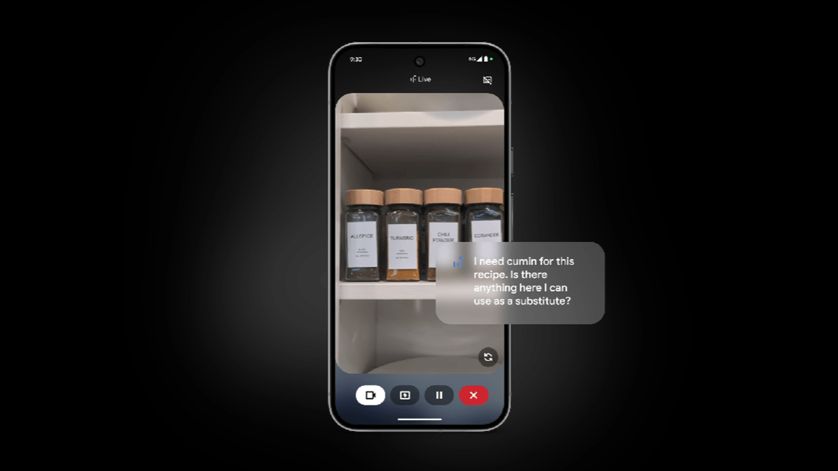 A smartphone screen showing Gemini Live with a text about a user asking for assistance for a recipe ingredient substitute