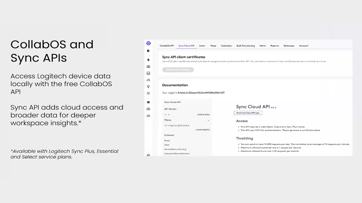 CollabOS and Sync APIs slide showing local device data access via the free CollabOS API and expanded cloud insights through Sync API with supported plans
