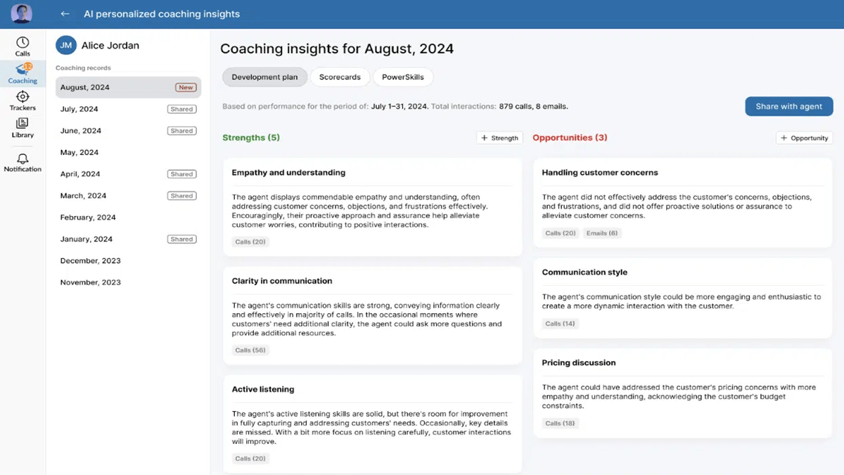 The AI Quality Management Coaching Insights feature enables quick assessments of strengths, weaknesses, and performance metrics, enabling tailored training plans.