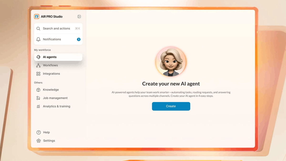 RingCentral AIR Pro Studio interface showing no code AI agent creation for customer engagement workflows