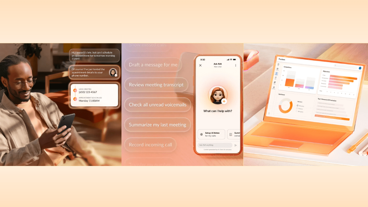A collage man using RingCentral AIR, preview of RingCentral AI Virtual Assistant on a smartphone, and graphics of call observations on a laptop using RingCentral AI Conversation Expert