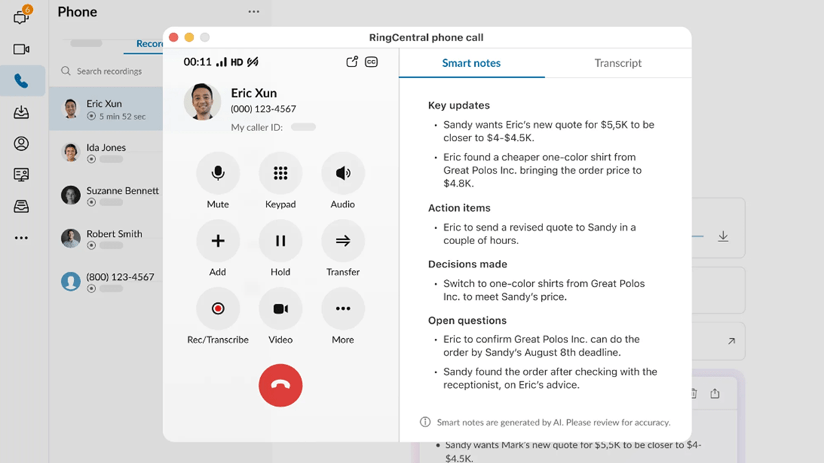 The real-time note-taking feature of RingCentral’s RingSense AI for RingEX.