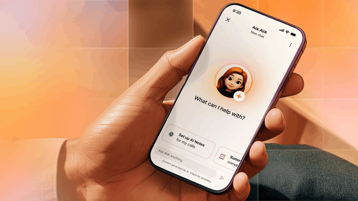 Hand holding a smartphone displaying RingCentral’s AI assistant, Ava, with options for AI meeting notes and conversation summaries