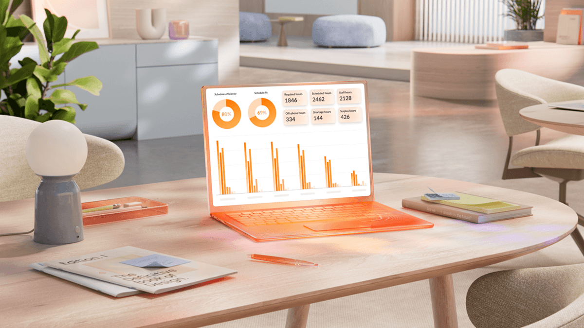 A laptop on an office table featuring RingWEM’s AI Quality Management, AI Workforce Management, AI Interaction Analytics