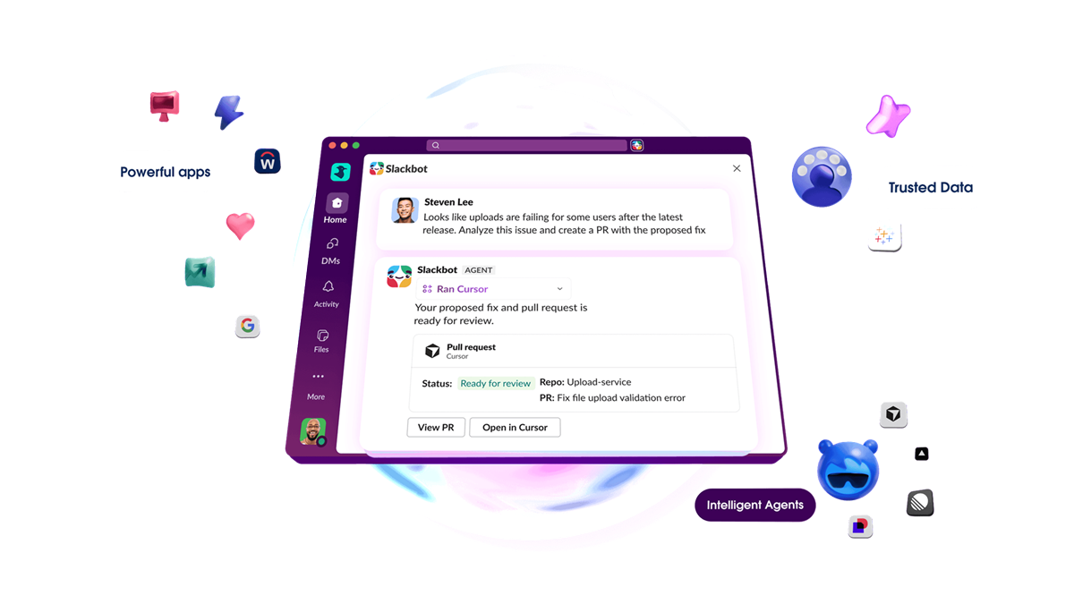 Slackbot interface overlay demonstrating AI assistance across enterprise workflows with contextual insights and task automation