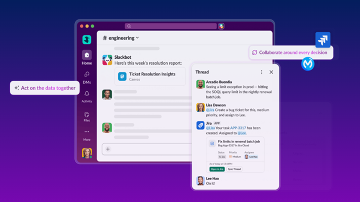 Slackbot coordinates Jira tasks and MuleSoft workflows in a Slack channel, enabling collaborative AI-assisted work across connected applications