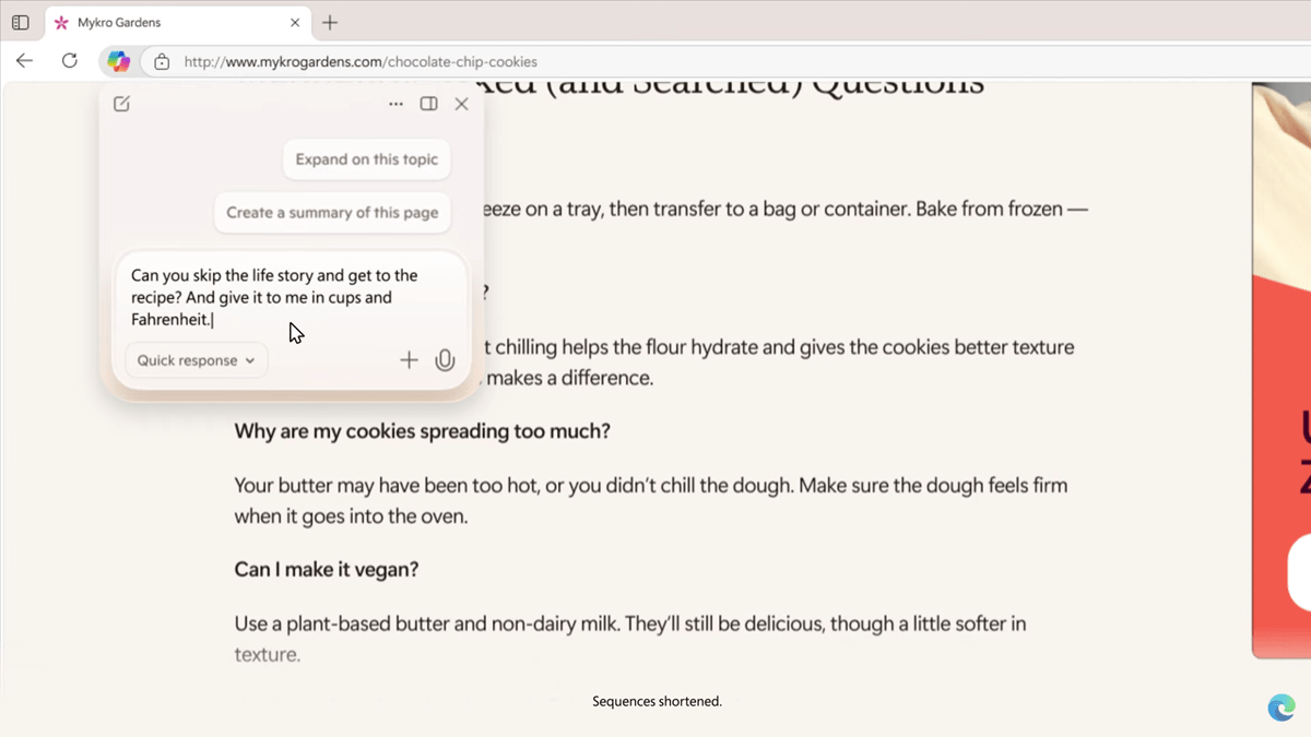 Screenshot of a users accessing Copilot while browsing without navigating away from the current webpage