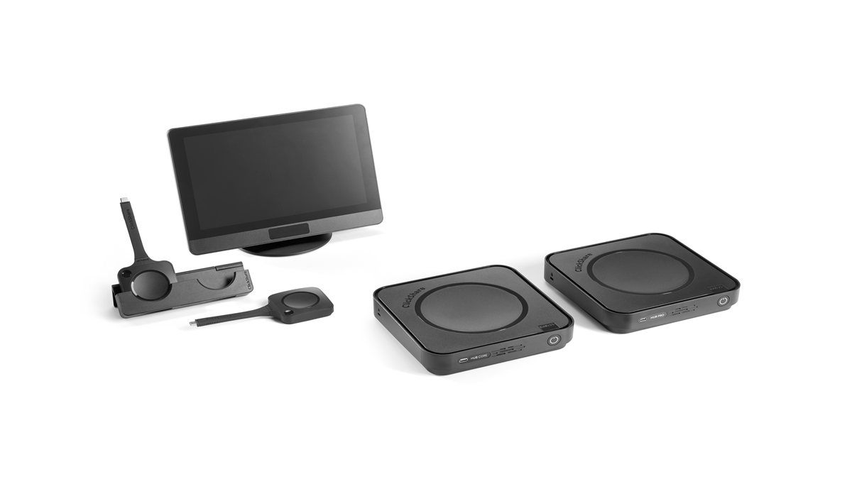 ClickShare Hub system’s modular design, featuring a base unit, next-gen ClickShare Buttons, and an intuitive control panel, enables seamless content sharing with just one tap.