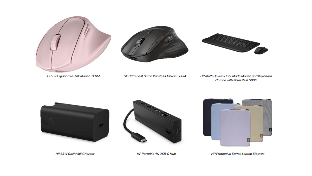 HP’s latest smart and sustainable accessories, including mouse and keyboard combos, portable chargers, and laptop sleeves