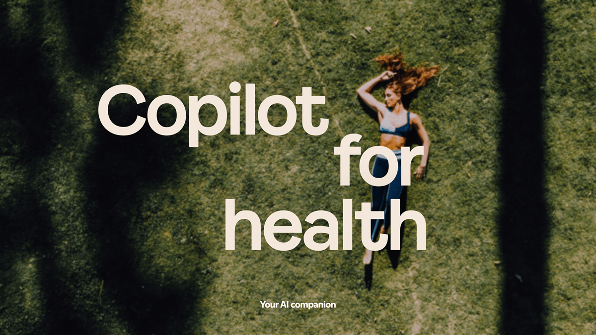 The text “Copilot for health” over an athletic person laying on a grass field background