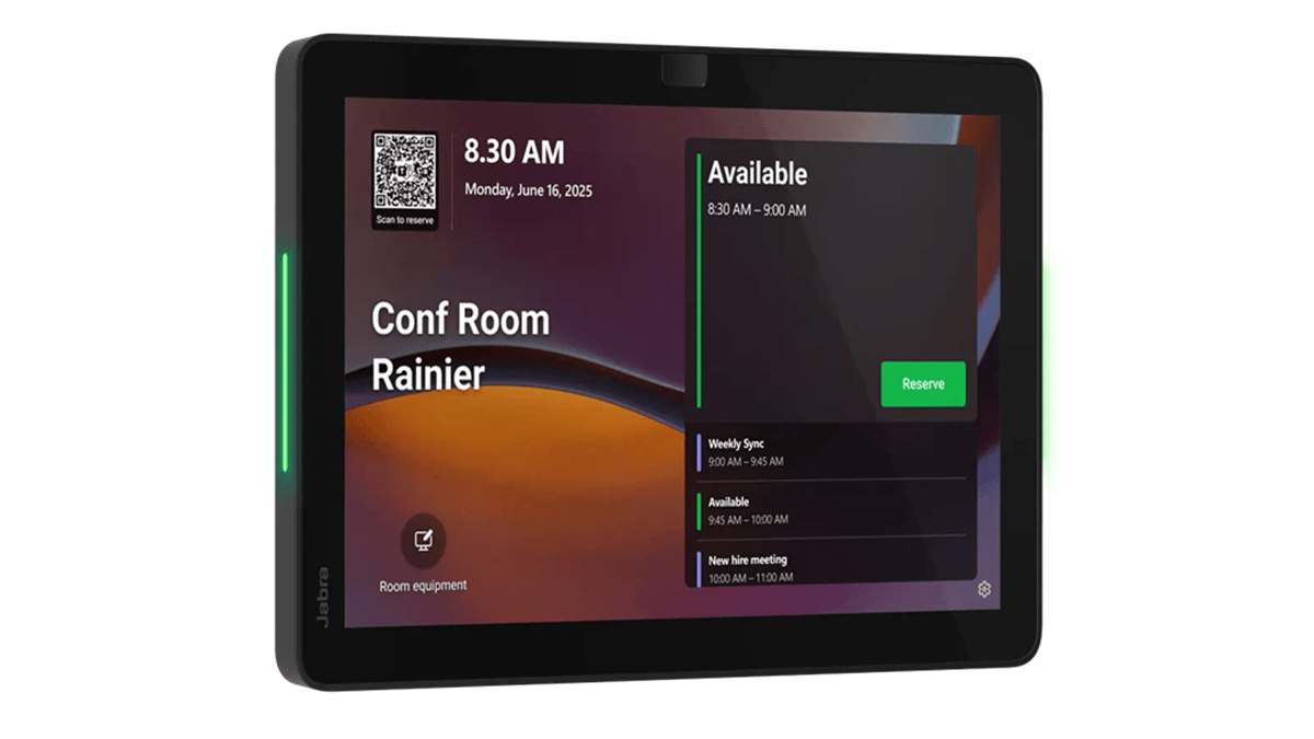 The Jabra Scheduler touchscreen display with green light showing the Conference Room is available
