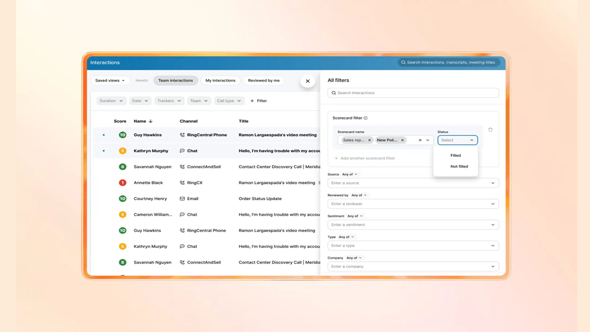 RingSense interface displaying interaction records with advanced scorecard filtering options