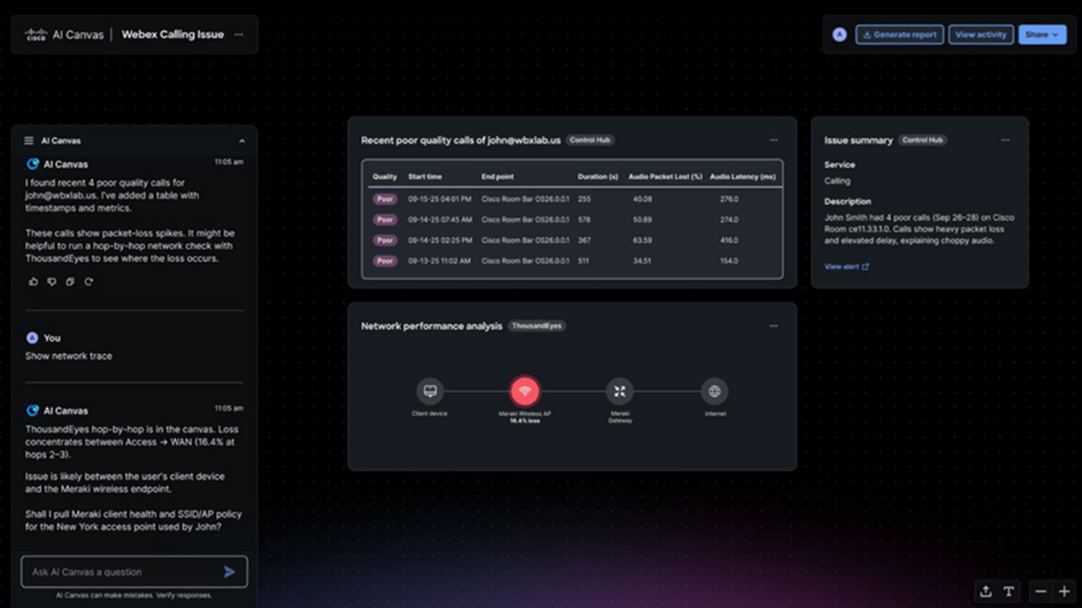 AI Canvas dashboard displaying recent poor quality calls with actionable recommendations