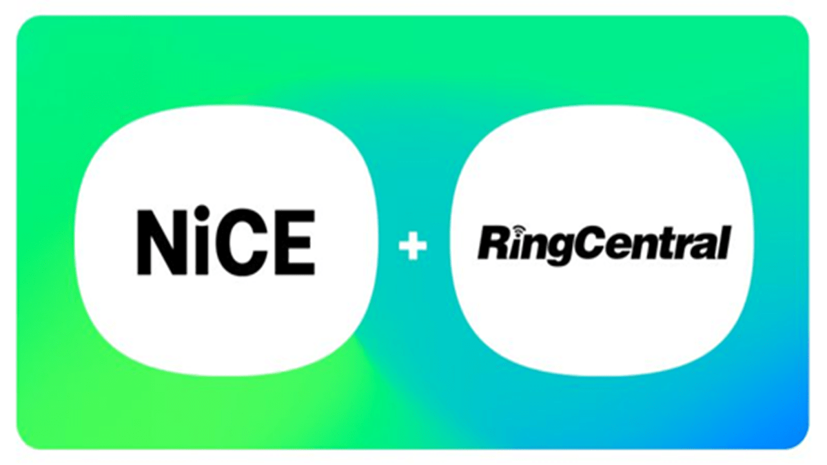 NiCE an RingCentral logos in black and white over a green and blue background