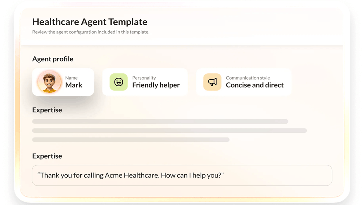 RingCentral healthcare AI agent template with configurable profile personality and communication settings for patient interactions