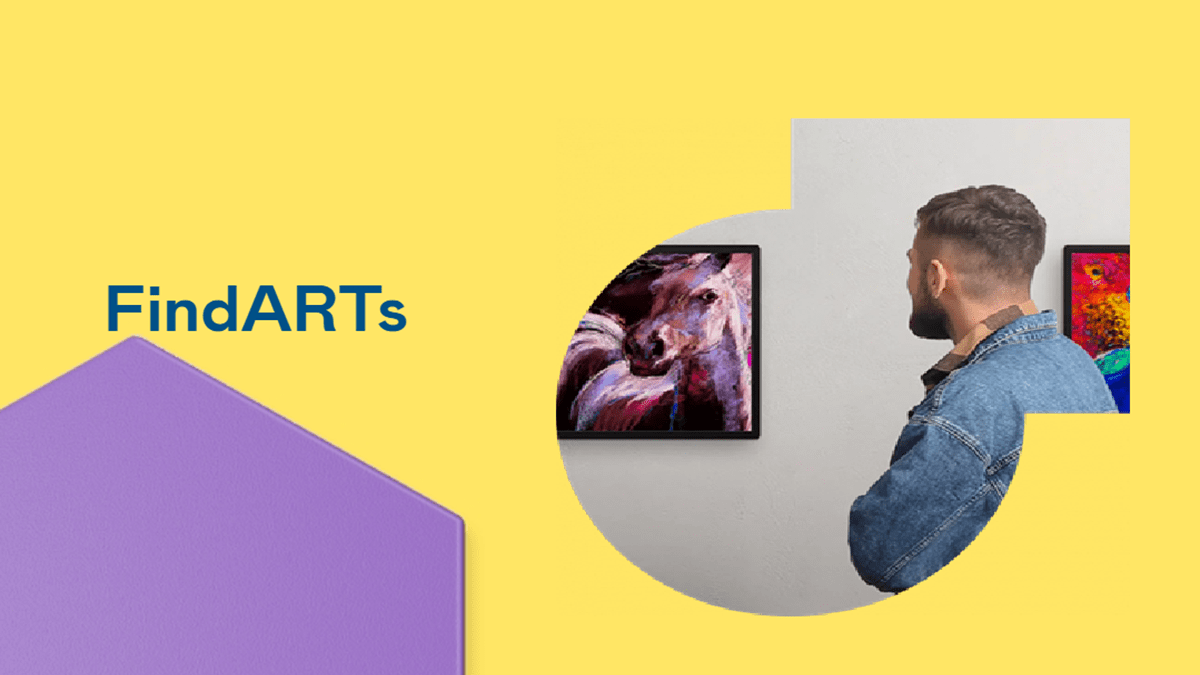 Man viewing digital artwork on FindARTs 4K display in a modern gallery setting
