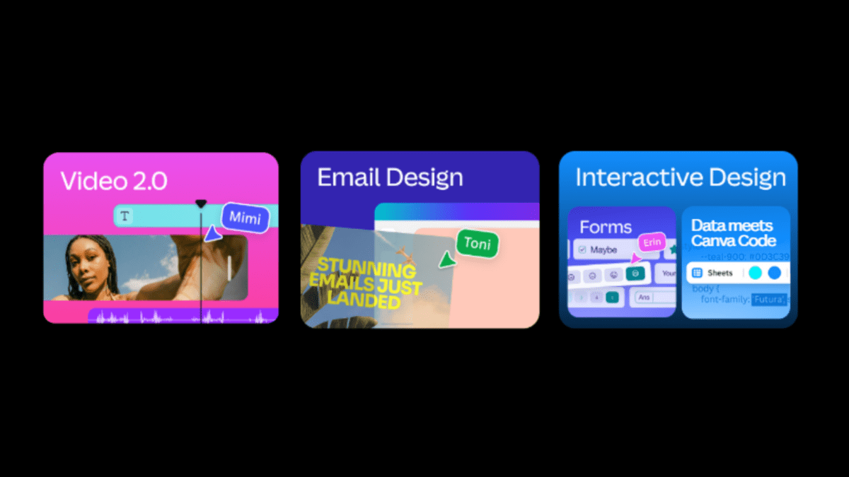 Previews of Canva’s Video 2.0, Email Design, and Interactive Design over a black background
