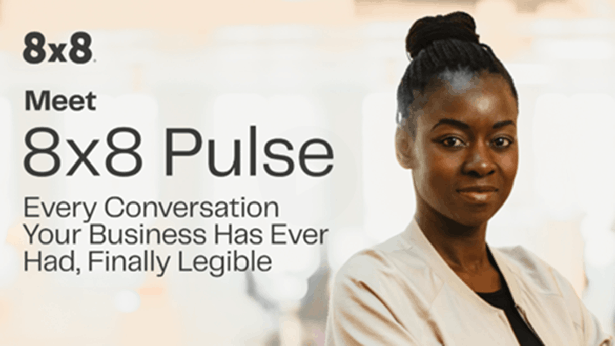 8x8 Pulse promotional graphic highlighting conversational intelligence and business knowledge discovery