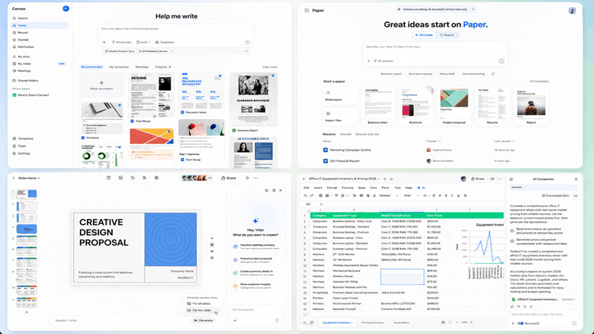 Collage showcasing Zoom’s AI Productivity Suite applications, including Canvas, Paper, Slides, and Sheets, with AI-assisted tools for document creation, presentations, spreadsheets, and collaborative work