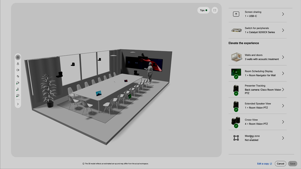 Cisco Workspace Advisor interface showing a digital twin of a meeting room with remote device configuration and collaboration hardware management
