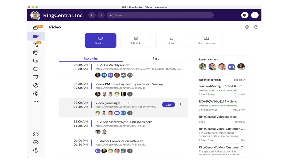 The Unified Video Hub centralizes recent contacts, recordings, and upcoming meetings, making it easier to manage all video-related activities from one place.