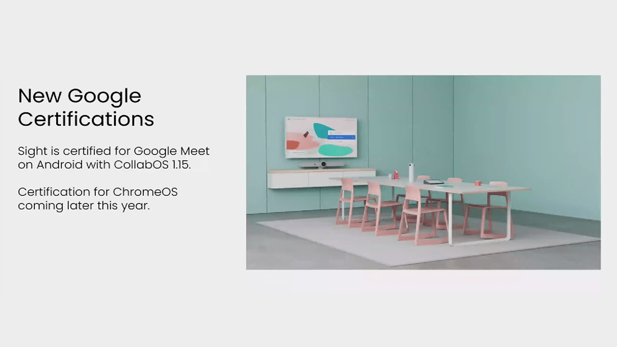 Modern meeting room setup with text noting Sight certification for Google Meet on Android via CollabOS 1.15; ChromeOS certification coming soon