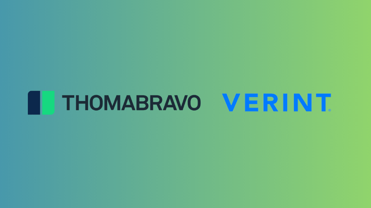 Thoma Bravo and Verint’s logos over a gradient blue and green background