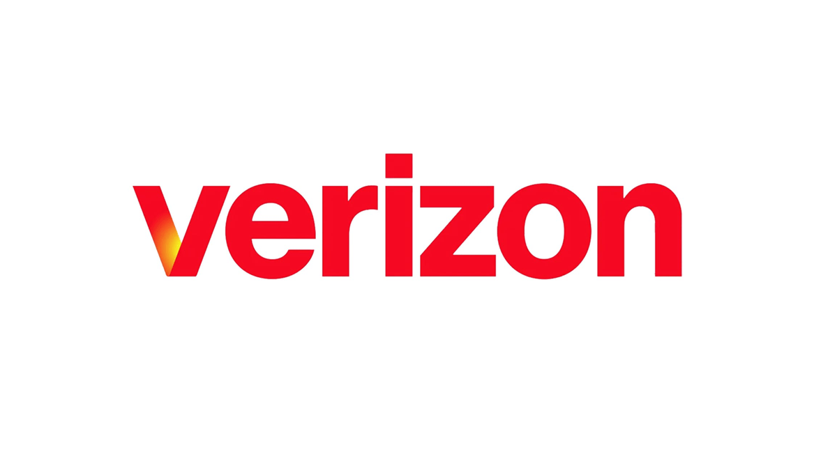 Verizon’s logo in bright red in the middle of a white background