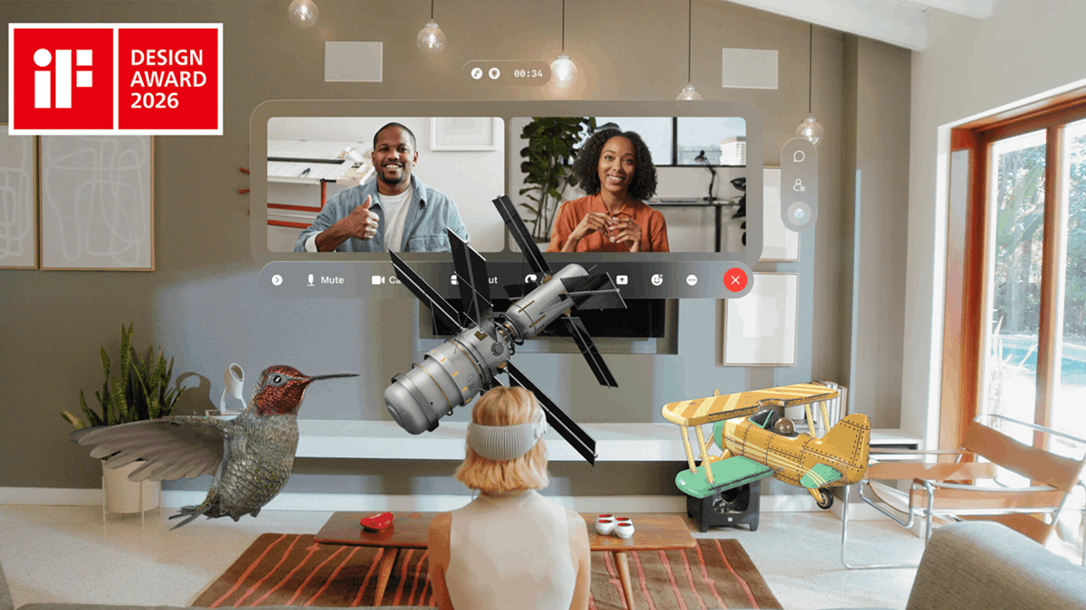 A person using Apple Vision Pro in a living room with Webex meeting interface and floating 3D objects, highlighting iF Design Award recognition