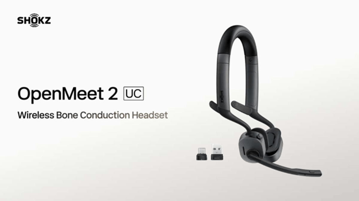 Shokz OpenMeet2 UC wireless bone conduction headset shown with the Loop120 adapter on a clean product display