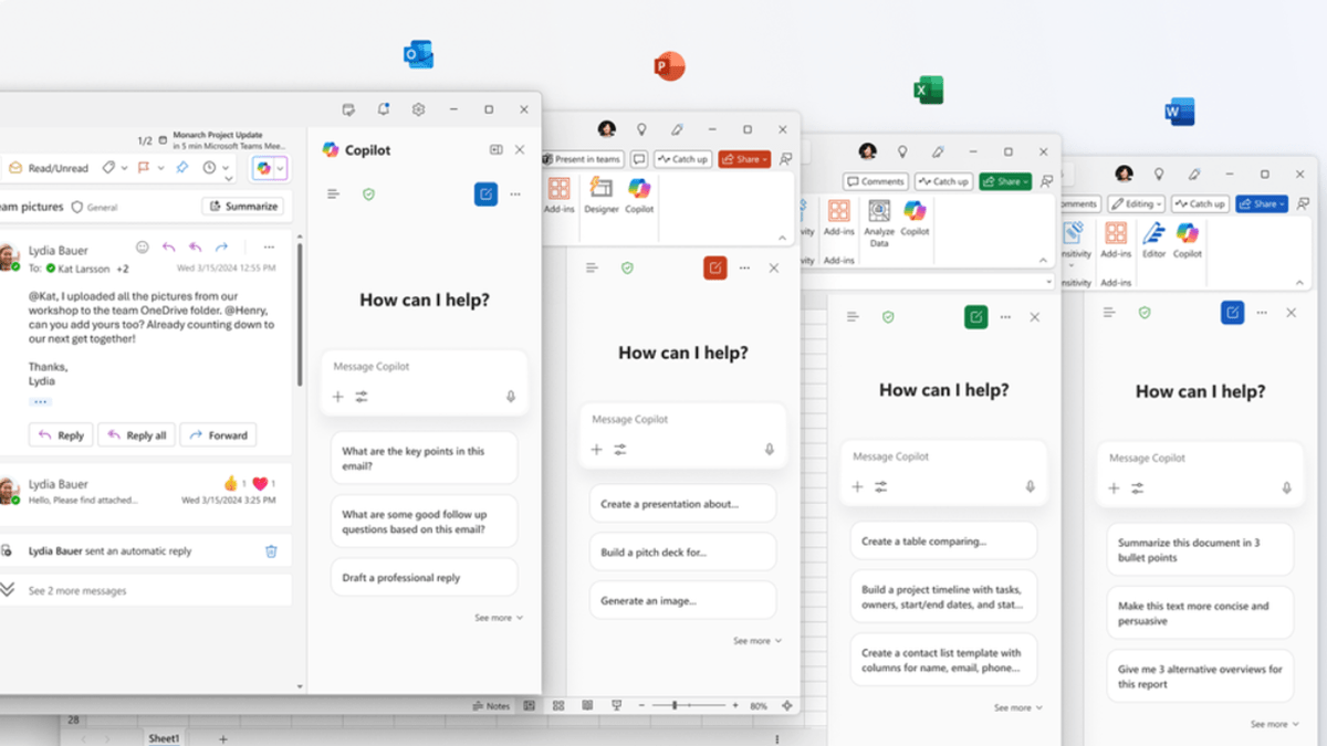The interface of Microsoft Outlook, PowerPoint, Excel, and Word featuring Copilot Chat