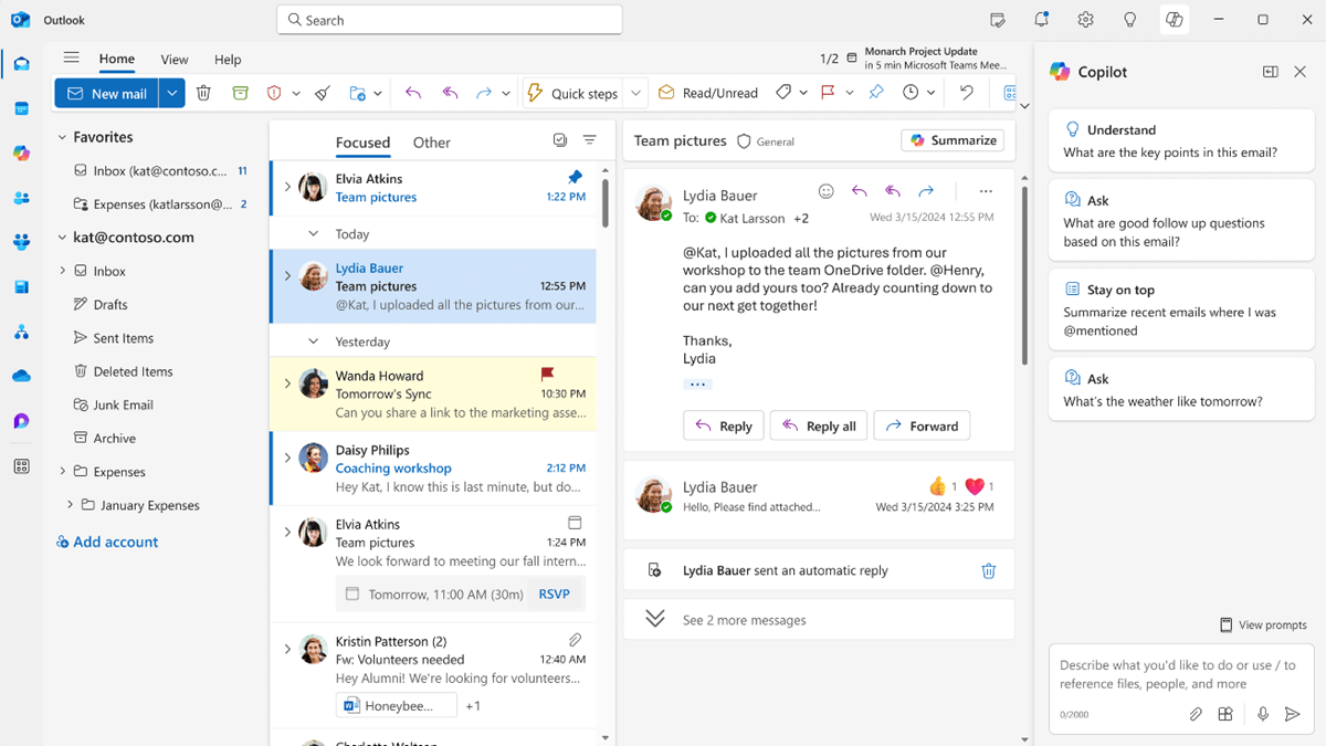 The addition of Microsoft Copilot enables users to quickly draft responses and even get suggestions on how to improve email communication.