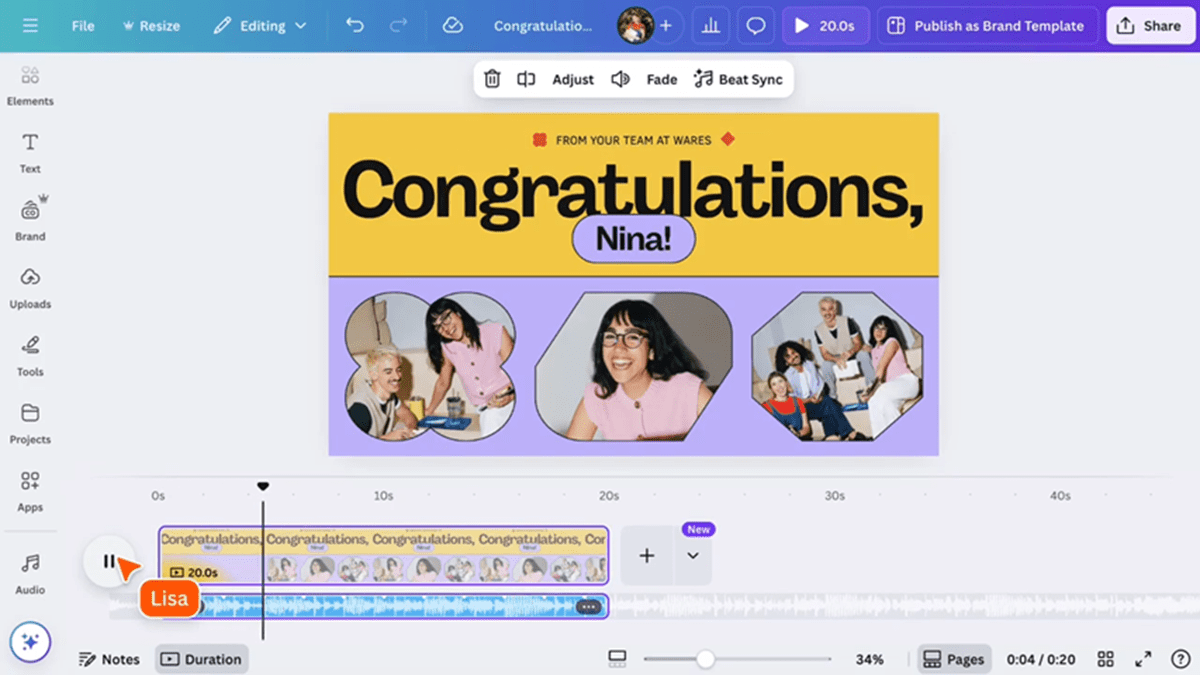 Canva’s video editing interface featuring the new audio tool