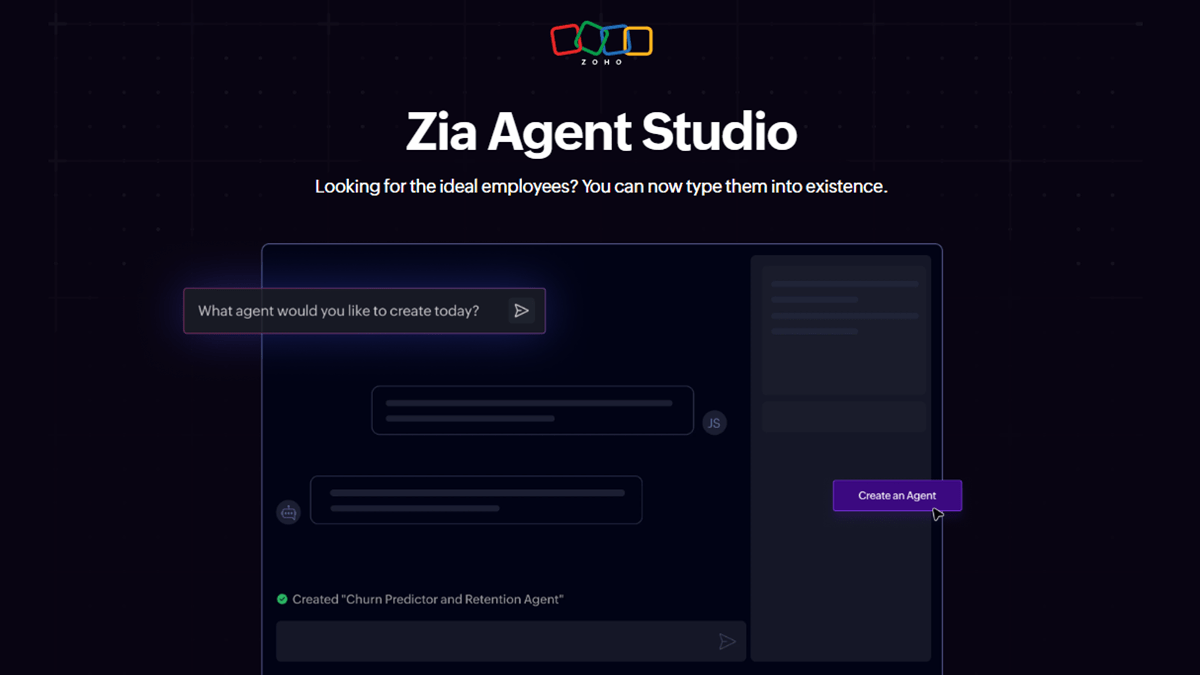Zia Agent Studio featuring the interface for the no-code agent builder