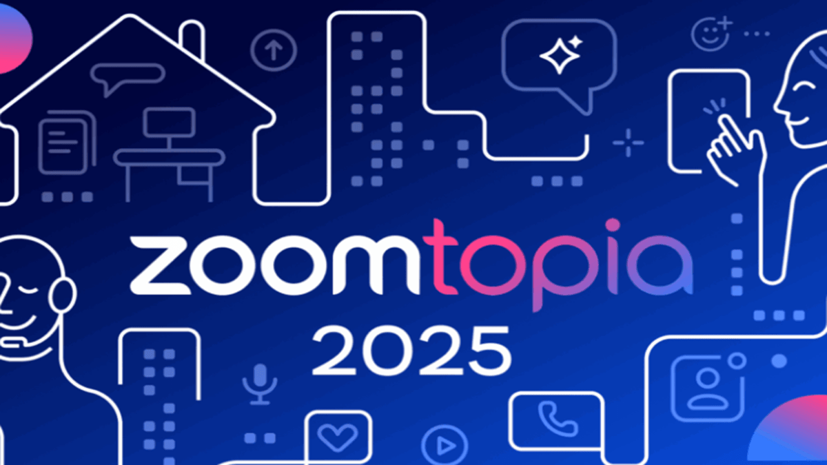 Zoomtopia 2025’s logo on a blue background with graphics of people using communications technology along with engagement icons