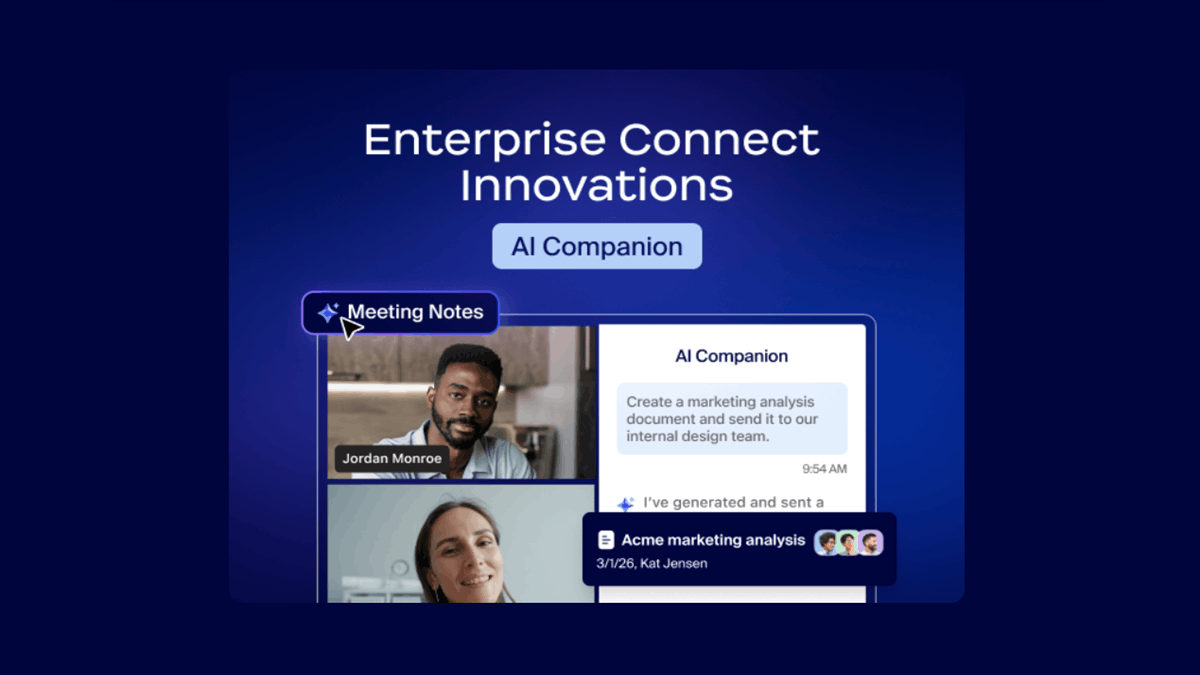 Graphic showing “Enterprise Connect Innovations” with Zoom AI Companion interface displaying meeting notes, a video call, and an AI-generated marketing analysis message