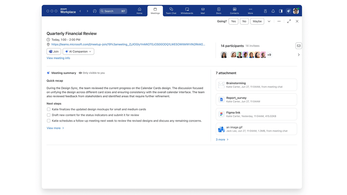 Zoom Workplace interface, featuring meeting summaries from Microsoft Teams captured by the Custom AI Companion add-on