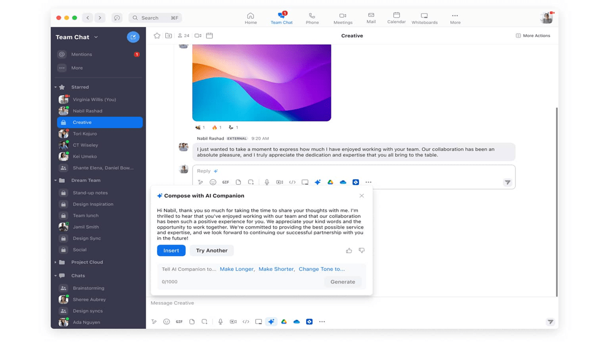 Zoom AI Companion provides help in composing messages in Zoom Team Chat.
