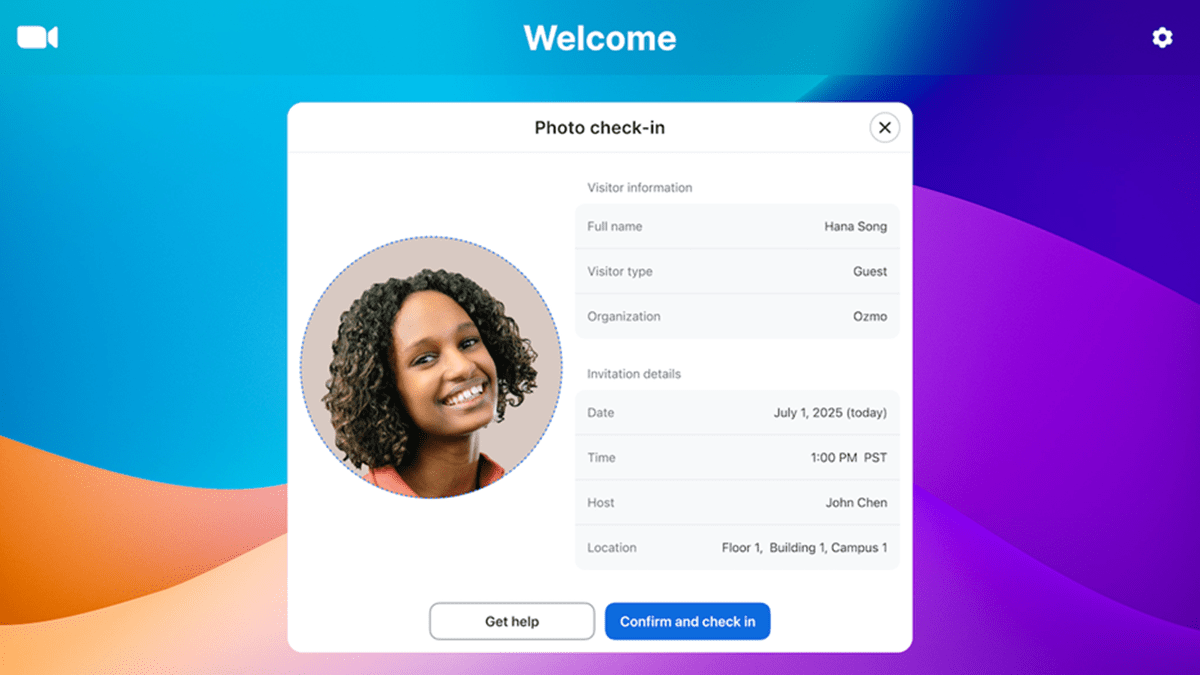 The photo check-in interface displayed on a Zoom Rooms kiosk