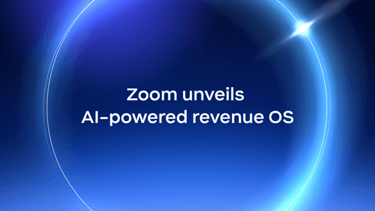 Zoom graphic announcing its AI-powered revenue OS on a blue gradient background